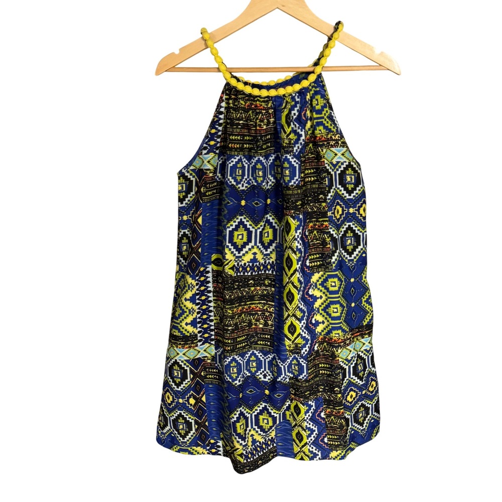 Sweet Sinammon‎ Womens Halter Top Blue Yellow Tribal Geometric Print Pom Pom M